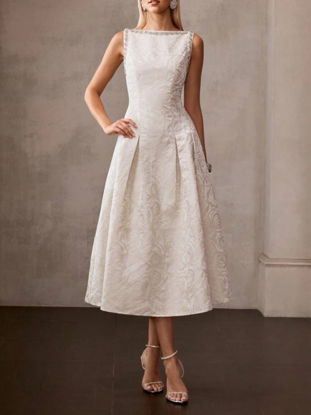 Ivory Rose Jacquard Rhinestone Boat Neck Pleated Midi Dress